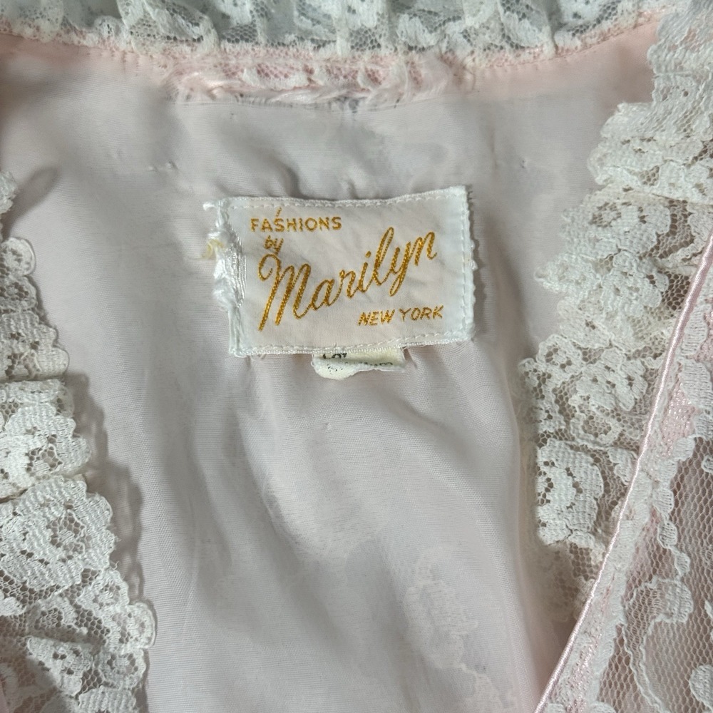Vintage Pink Lace Maxi Robe Sheer Overlay Pockets Tie Waist Romantic M READ - Picture 5 of 16